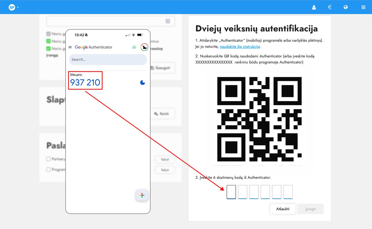 Autentifikatoriaus sugeneruoto 2FA kodo įvedimas